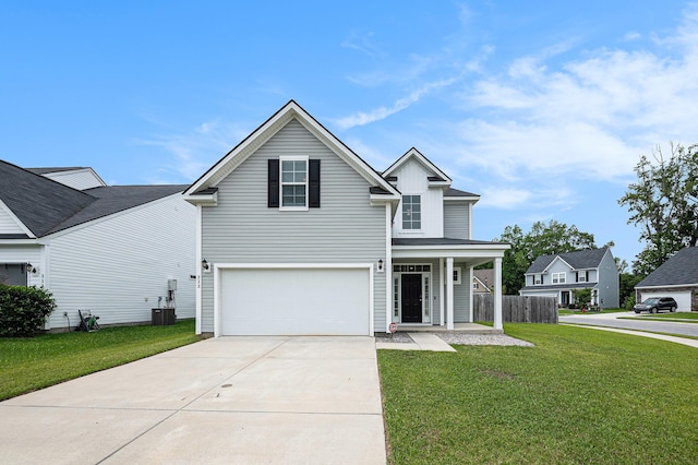 traditional home featuring concrete driveway, a garage, central air condition unit, board and batten siding, and covered porch