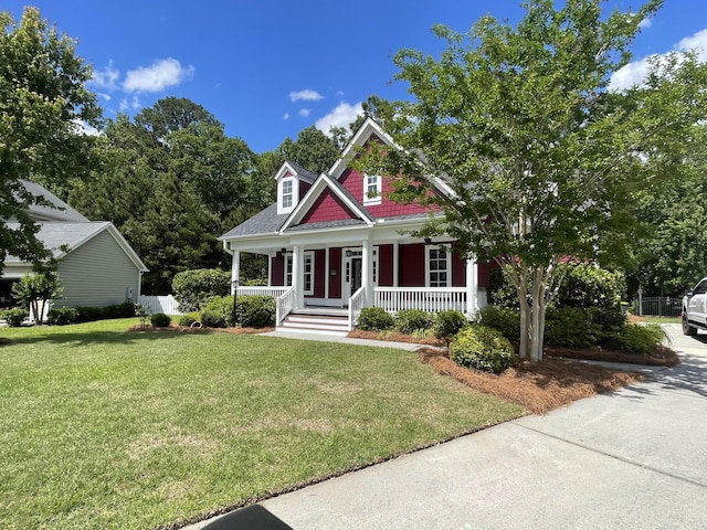 view of front facade featuring covered porch and a front yard