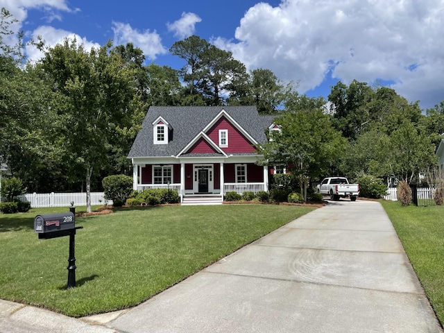 view of front facade with driveway, covered porch, and roof with shingles