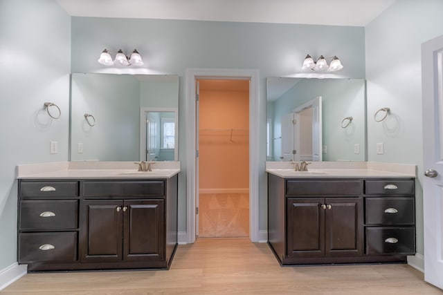bathroom with wood finished floors, two vanities, baseboards, and a spacious closet