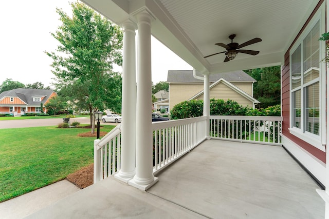 view of patio with a porch and a ceiling fan