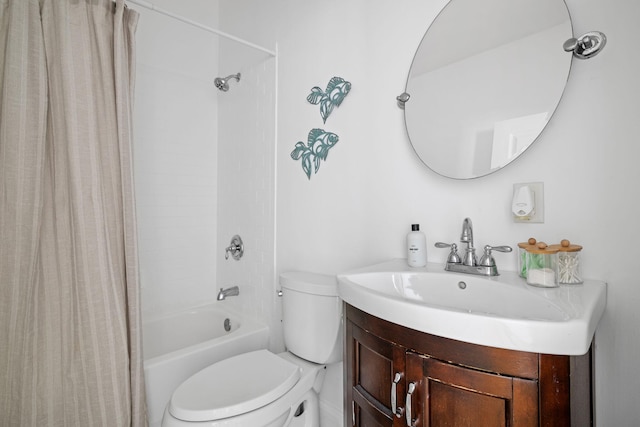 full bathroom with vanity, shower / bathtub combination with curtain, and toilet