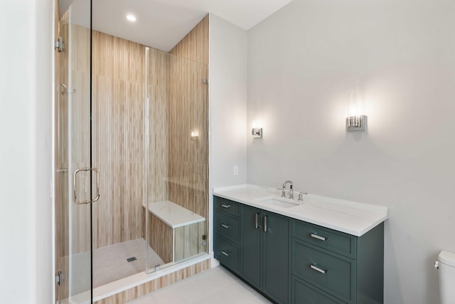 full bath featuring a shower stall, toilet, tile patterned flooring, and vanity