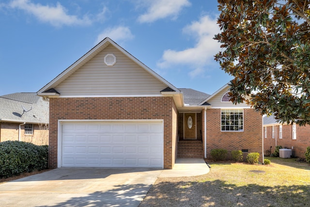 single story home with an attached garage, brick siding, driveway, crawl space, and a front yard