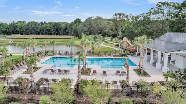 123 Brown Swiss Cir, Summerville, SC 29483 - pool with a water view, fence, a yard, and a patio