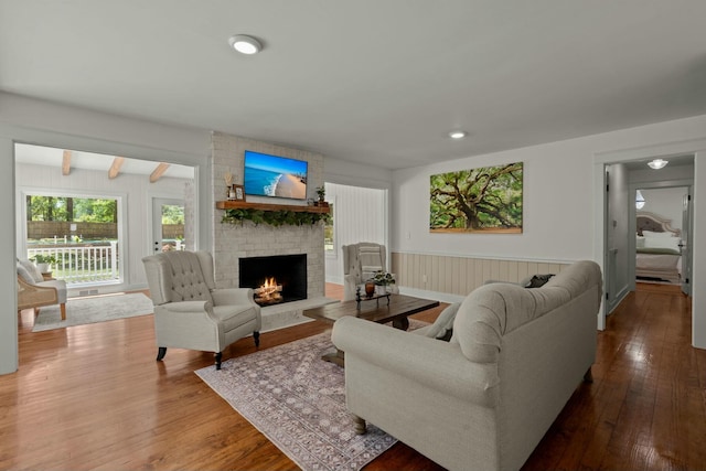 living room featuring wood finished floors and a fireplace