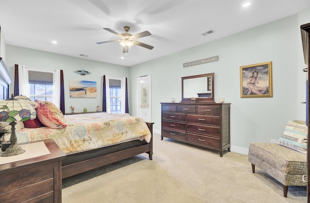 3473 Plow Ground Rd, Johns Island, SC 29455 - bedroom with light colored carpet, recessed lighting, baseboards, ceiling fan, and ensuite bathroom