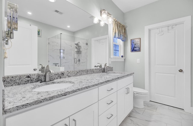 3473 Plow Ground Rd, Johns Island, SC 29455 - bathroom featuring a marble finish shower, double vanity, marble finish flooring, toilet, and recessed lighting