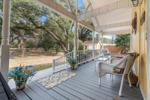 deck with an outdoor structure