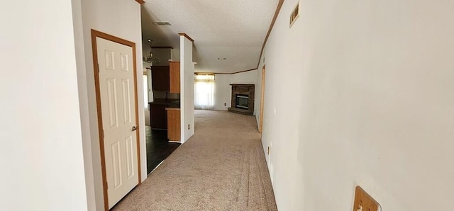 hallway featuring a textured ceiling and carpet floors