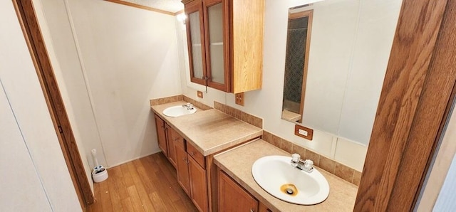 bathroom with decorative backsplash, hardwood / wood-style floors, and vanity