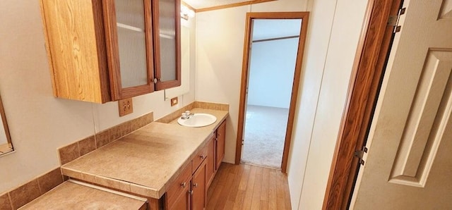 bathroom with wood-type flooring, vanity, and vaulted ceiling