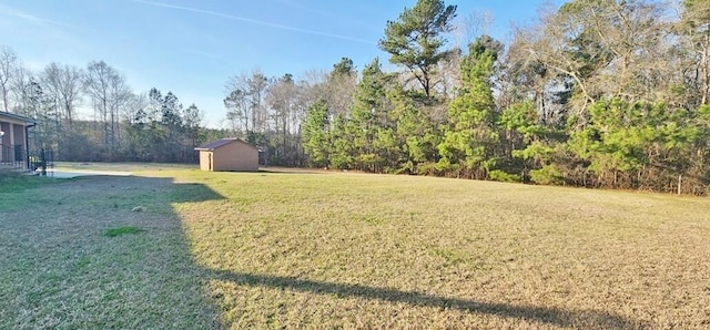 view of yard featuring a storage unit