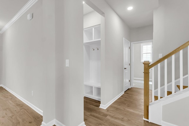 327 Hillman Trl Dr, Moncks Corner, SC 29461 - mudroom with wood finished floors, baseboards, and crown molding