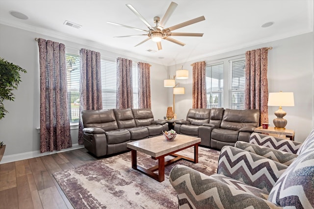 451 Spectrum Rd, Summerville, SC 29486 - living room featuring healthy amount of natural light, a ceiling fan, crown molding, baseboards, and wood-type flooring
