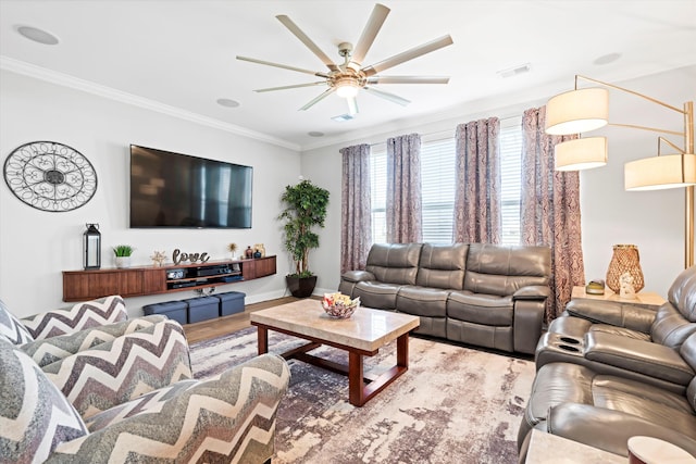 451 Spectrum Rd, Summerville, SC 29486 - living room featuring ceiling fan, wood finished floors, crown molding, and baseboards
