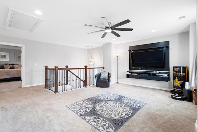 451 Spectrum Rd, Summerville, SC 29486 - living area featuring carpet floors, a ceiling fan, recessed lighting, baseboards, and attic access