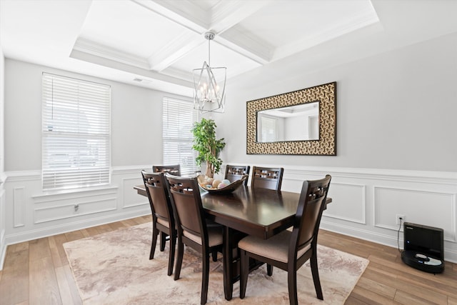 451 Spectrum Rd, Summerville, SC 29486 - dining area featuring a chandelier, beam ceiling, light wood-style flooring, coffered ceiling, and a wainscoted wall