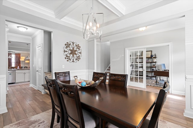 451 Spectrum Rd, Summerville, SC 29486 - dining room with a chandelier, stairway, light wood-type flooring, ornamental molding, and beamed ceiling