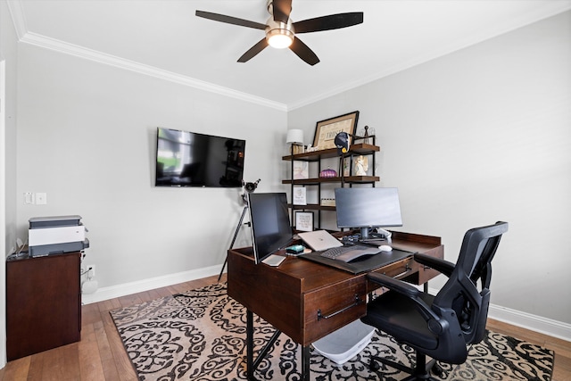 451 Spectrum Rd, Summerville, SC 29486 - office area with a ceiling fan, ornamental molding, hardwood / wood-style floors, and baseboards