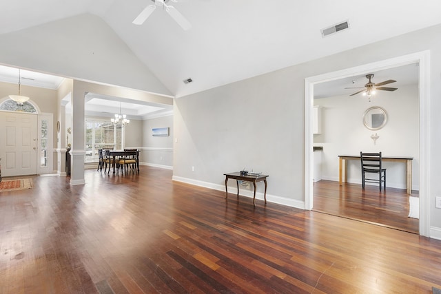 living room with baseboards, visible vents, dark wood-style flooring, and ceiling fan with notable chandelier