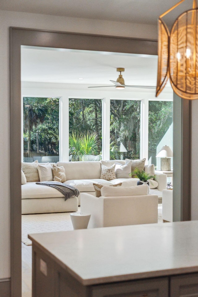 living room featuring ceiling fan