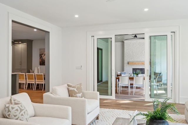 living room featuring a fireplace and light hardwood / wood-style floors