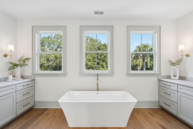 bathroom featuring vanity, hardwood / wood-style floors, and a bathing tub