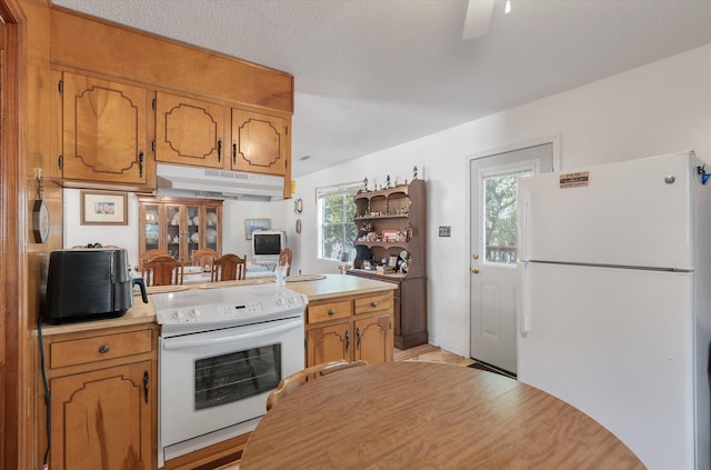 kitchen featuring a textured ceiling, ceiling fan, and white appliances