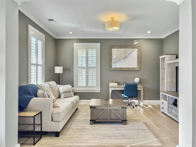 living room featuring crown molding and light hardwood / wood-style flooring