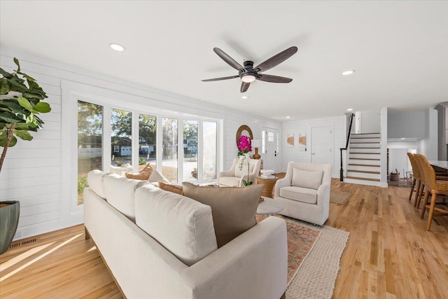 1894 Capri Dr, Charleston, SC 29407 - living area with a ceiling fan, light wood-style flooring, stairway, and recessed lighting