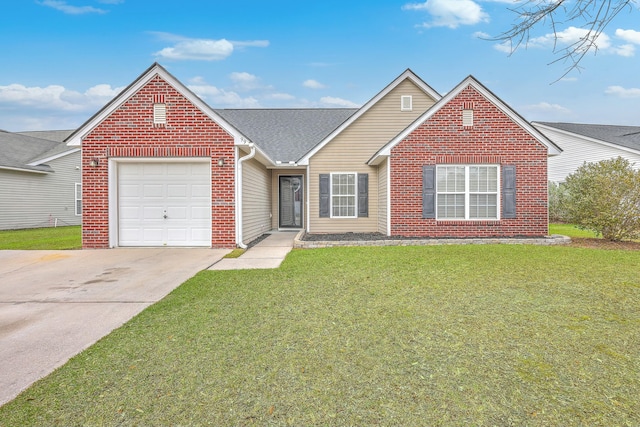 single story home featuring a garage, driveway, brick siding, and a front yard