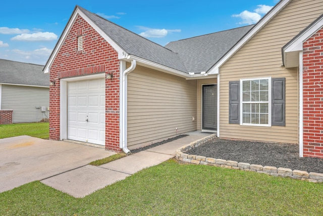 exterior space with an attached garage, brick siding, and a shingled roof