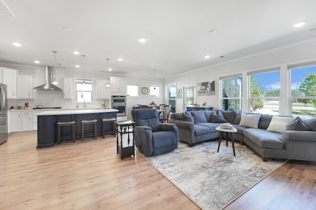 living room featuring crown molding and light hardwood / wood-style floors