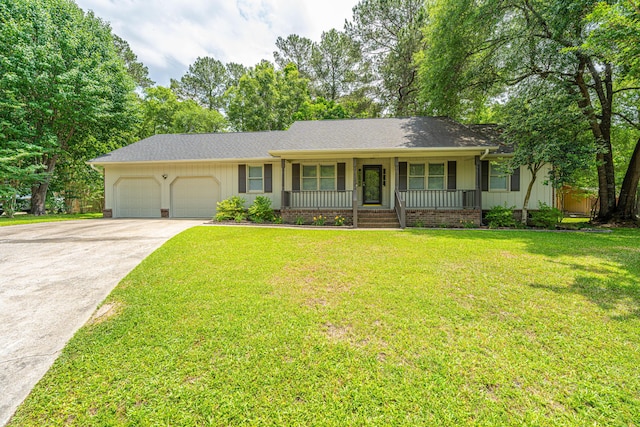 single story home with a garage, a porch, concrete driveway, a front lawn, and roof with shingles