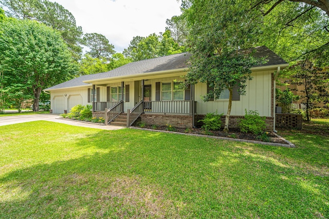 single story home featuring a porch, an attached garage, concrete driveway, and board and batten siding