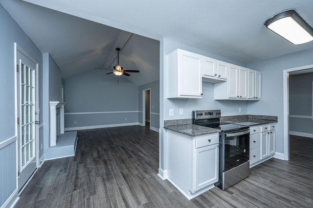 kitchen featuring stainless steel range with electric stovetop, dark wood-type flooring, white cabinets, and ceiling fan