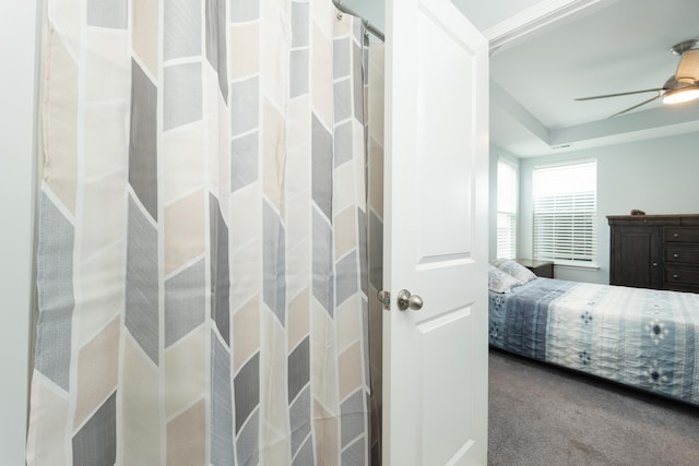 bedroom with ceiling fan and carpet floors