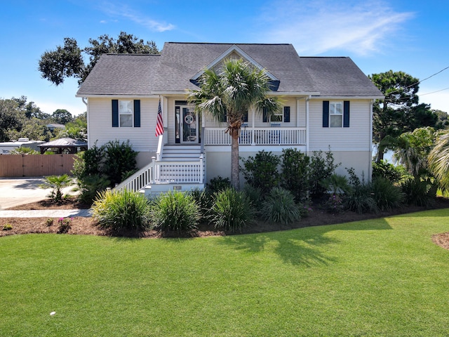 view of front facade featuring covered porch, a shingled roof, fence, stairs, and a front yard