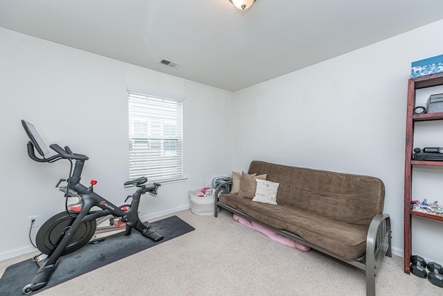 exercise area featuring visible vents, carpet, and baseboards