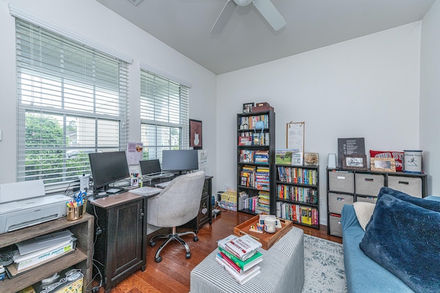 office featuring a ceiling fan and wood finished floors