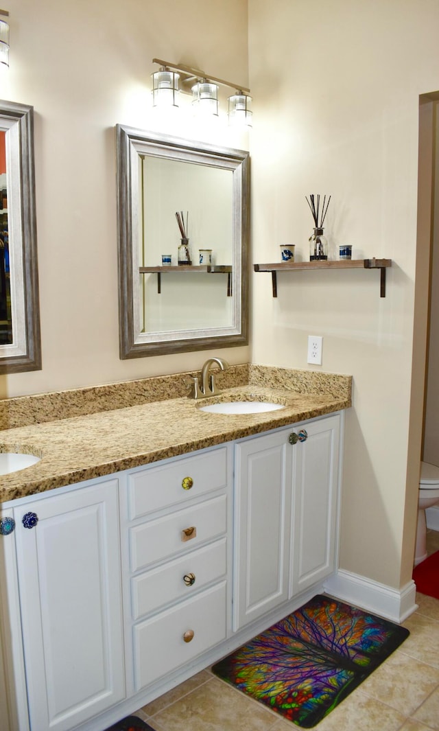 bathroom featuring tile patterned floors, vanity, and toilet