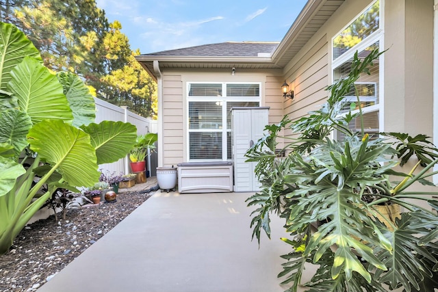 property entrance with a patio area