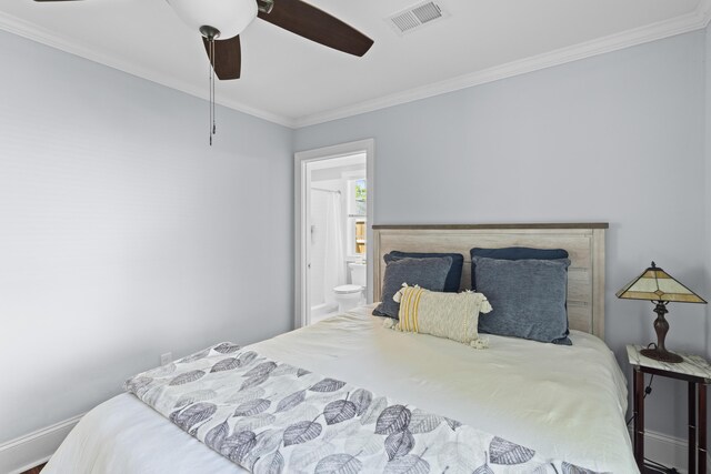 1324 Maxwell St, North Charleston, SC 29405 - bedroom featuring baseboards, visible vents, ceiling fan, crown molding, and ensuite bath