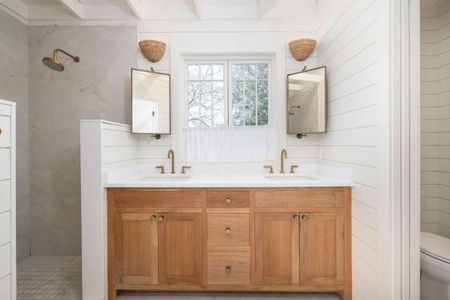 bathroom with toilet, vanity, and tiled shower