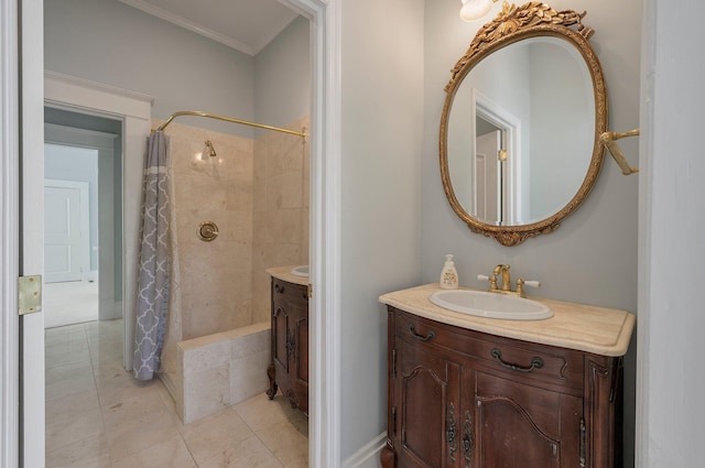 bathroom featuring a shower with curtain, tile flooring, ornamental molding, and vanity with extensive cabinet space