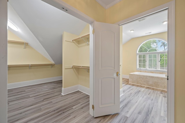 walk in closet with vaulted ceiling and hardwood / wood-style floors