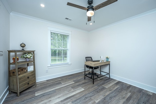 office area featuring ornamental molding, dark wood-type flooring, and ceiling fan