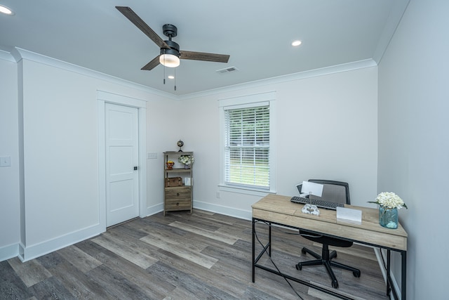 office featuring ornamental molding, ceiling fan, and dark hardwood / wood-style floors