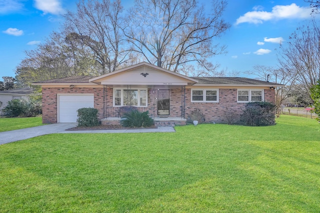 single story home with a front yard and a garage